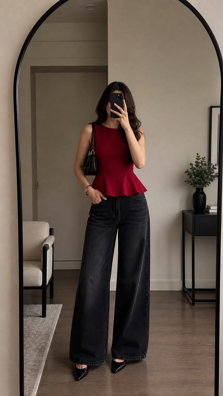 Woman wearing a burgundy peplum top with black wide-leg jeans