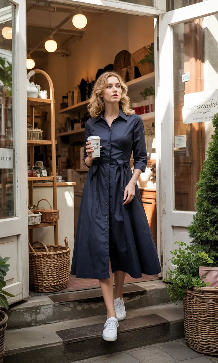Woman wearing a navy blue shirt dress
