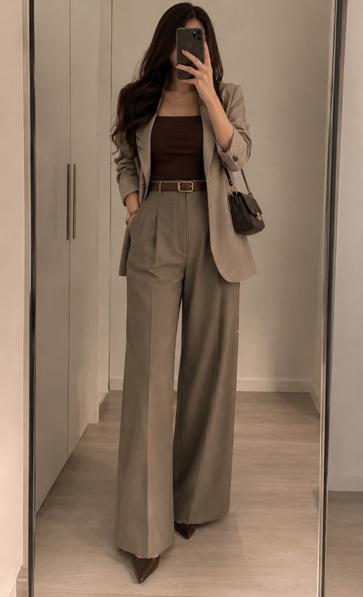 Woman wearing a beige blazer and wide-leg trousers