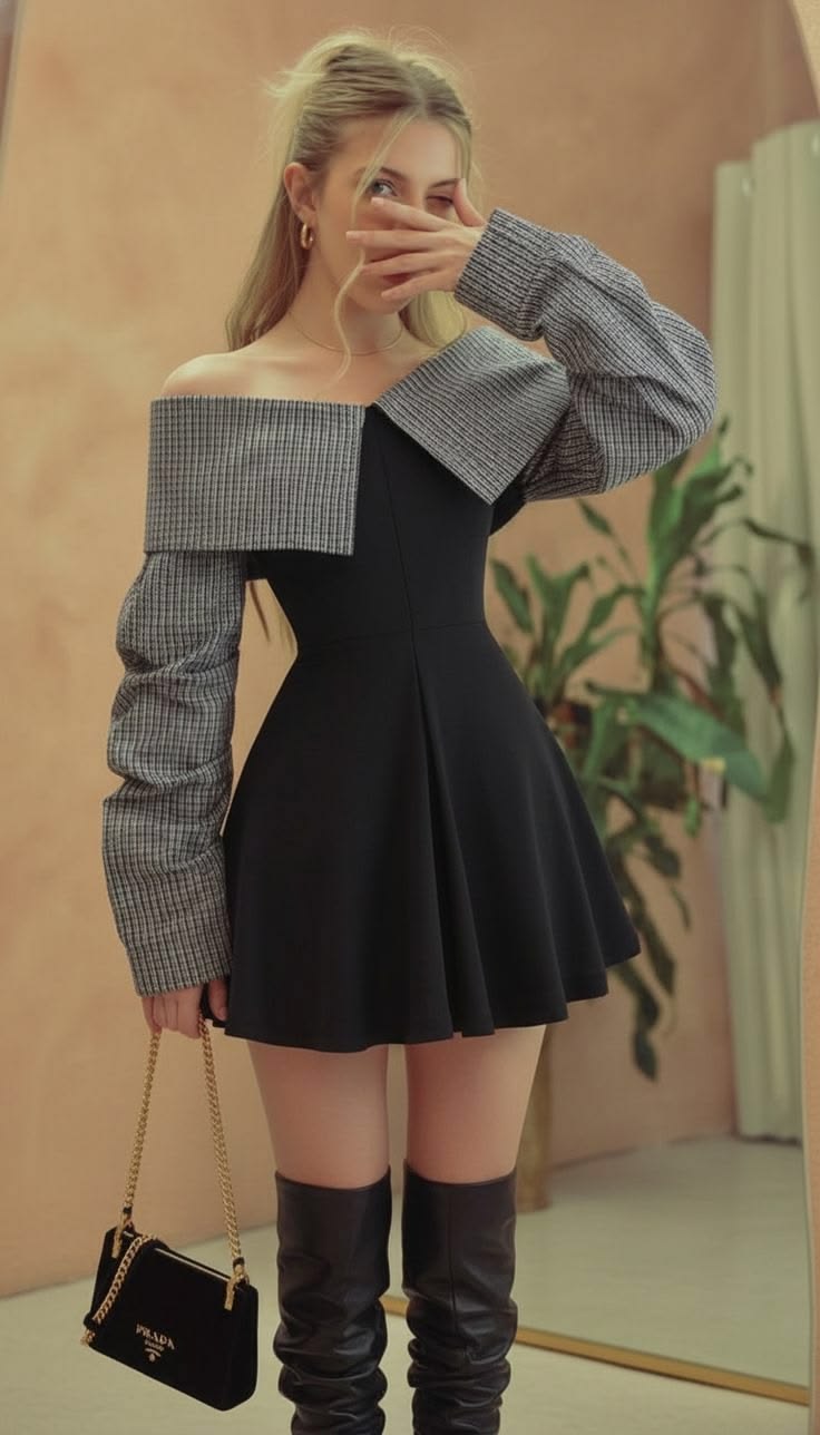 a women wearing black short dress